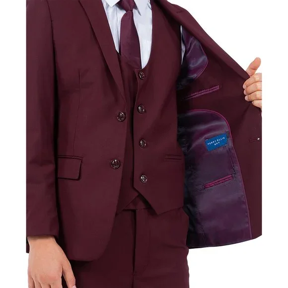 5-Piece Perry Ellis Portfolio Boys Slim Fit Solid Suit, Burgundy - Picture 5 of 6